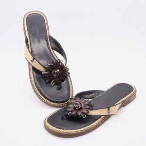 Brighton Women's Orchid Flip Flops Leather Flower Black Brown Sandals Size 7.5M